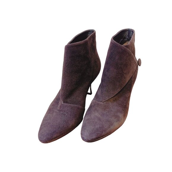Manolo Blahnik Chic Brown Suede Ankle Booties Button Detail Pointed Toe 6.5 - Picture 1 of 6